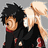 Pixelated anime-style character with spiky black hair and red accents on dark clothing stands beside a blonde figure, next to red text reading "Being evil ish fun!" on black background.