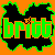 Pixelated graphic with 'britt' text in green and orange, black bat-like shapes on top and bottom, alternating background colors between orange and bright green.