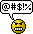 Yellow pixelated face with angry expression and open mouth showing teeth, each in a speech bubble containing unique symbol sequence.