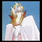 Animated sequence of a character with golden hair and red eyes wearing white wings against a blue background, showing head movement from forward to left then right.