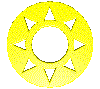 Yellow circular icon with eight triangular cutouts arranged around a central circle, displayed in a of five positions on gray background