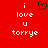 Red background with white pixelated text reading "i love u torrye" and a green heart symbol above the left side of the text.