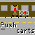Pixel art of two identical figures in red shirts and khaki pants pushing shopping carts with checkered patterns, standing on a gray platform against a brown building facade.