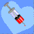 nine light blue heart-shaped icons with syringes, each containing red liquid and a single red drop falling from the needle, with a red text box reading "inject me with your love" in the bottom-right
