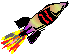 Two pixelated rocket icons with striped bodies and flame exhausts, positioned side-by-side on a gray background.