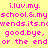 Yellow background with pink pixelated text repeating 'i.luv.my.school.&.my.wends.its.nowends.good.bye, or the end' in two