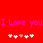 Red background with pink text "I Love you" repeated twice, five white and one light red pixelated hearts below each phrase.
