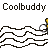 A 6-frame animated contact sheet showing a yellow stick figure swimming through pixelated waves with repeated "Coolbuddy" text above and below on a gray background.