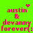 Bright green background with pink pixelated text reading 'austin & devanny forever(: forever(:' and two distinct animation elements: a small pink heart and a dotted starburst.
