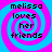 Four identical display a blue and pink spiral background with black text reading 'melissa loves her friends' in a pixelated font