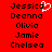 Red background with black pixelated text listing names Jessica, Deanna, Olivia, Jamie, Chelsea in two , one instance of Jessica has a white heart symbol above it