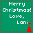 Green background with white text reading "Merry Christmas! Love, Lani" and red dotted borders, featuring a red Christmas tree icon that alternates between two positions.