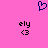 Pink background with a blue pixelated heart at top center, two identical black pixelated text blocks below reading 'ely' and '<3' on each side.