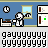 Pixel art animation of a character in a kitchen setting with repeated text below, showing sequential changes to the character's pose and objects held.