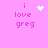 Pixelated pink background with four identical text blocks reading 'i love greg' and changing white symbols above the text.
