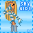 Pixelated character with long blonde hair and blue-and-white striped sleeves stands against light blue background, text 'SHY GIRL' appears above.