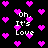 Pixelated pink hearts float over a black background with repeated white text reading "Oh. It's Love" in a retro digital style.