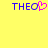 Yellow background with blue text 'THEO' on left and right, pink heart symbol replacing 'O' in left text.