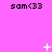 Pixelated pink background with repeated "sam<33" text and scattered white star-like animations across three