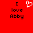 Red background with black text 'I love Abby' on both sides and a white pixelated heart symbol in the center.