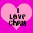 Two pink heart-shaped icons with black text "I LOVE CHRIS" on a bright magenta background, one slightly blurred.