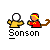 Pixel art animation of two figures: a white-headed figure in yellow and a red-clad figure with a tail, performing actions with a large yellow bell.