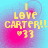 Pixelated yellow text reads "I LOVE CARTER!!" with a heart-eyes symbol and two 3s below, set against a blue-to-pink gradient background.
