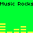 Green background with yellow audio equalizer bars and black text repeating "Music Rocks" at top and bottom.