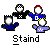 Animated sequence showing a character with red hair and blue clothing performing actions while text below changes from "Staind" to stylized blue shapes.