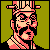 Pixel art portrait of a character with pinkish-red skin, black hair, and glasses against an olive-green background.