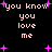 Pixelated text 'you know you love me' repeated in four quadrants with pink stars on black background, animated by star movement.