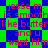 Static image with repeating text on a green and blue checkered background.