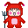 Pixelated red figure in devil costume with pink accents, holding pitchfork; two poses show different arm positions and facial expressions.