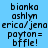 Pixelated text displays 'bianka ashlyn erica/jena payton= bffle!' across four with alternating light blue and white backgrounds