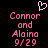 Pixelated pink text on black background reads 'Connor and Alaina 9/29' with a white pixelated heart above the left side of the text.