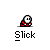 Animated contact sheet of a pixel art character in various poses with the text 'Slick' beneath each frame on a gray background.