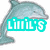 A static image of a light blue dolphin with a smiling expression, overlaid with cyan text reading "Lilil's favourite animal is a dolphin!" in a pixelated font.