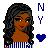 Pixelated image of a person with long dark hair wearing striped clothing, next to blue text 'NY' and a blue heart symbol.