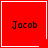 Four red square with white borders display "Jacob" text; two have small symbols in bottom-right corners
