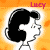 Pixelated profile of a character with black hair and white face against orange gradient background, with pink text 'LUCY' at top right.