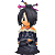 Pixelated character in dark robe with orange accents, pink hair ornaments, and black hair turning from side to front view.
