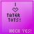 Pixelated purple icon with 'I ❤️ TATER TOTS!' text and 'HECK YES!' at bottom, featuring animated dot patterns near the top right.