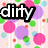 Pixelated image with pink, purple, green, and blue polka dots on a light background; text elements include "dirty," "blond: have," "more," "fun," and "<3" in bold black-outlined white letters.