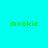 Green pixelated text 'mookie' appears in four positions on a cyan background with varying light effects.