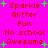 Bright pink background with red text and green starbursts arranged in a pattern