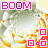 Pixelated image with 'BOOM' text above a stylized explosion effect featuring layered squares and flame-like patterns.