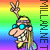 Pixelated cartoon character with long blonde hair, blue sunglasses, and a peace sign gesture against a rainbow gradient background.