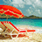 Pixelated beach scene with red umbrella, turquoise water, and sandy shore under blue sky.