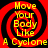 Red and black spiral background with yellow text reading "Move Your Body Like A Cyclone" in four identical quadrants.