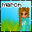 Pixel art of a character with long brown hair in buns, wearing teal clothing against a blue sky and green grass background. Text 'MARCH' appears at the top left.